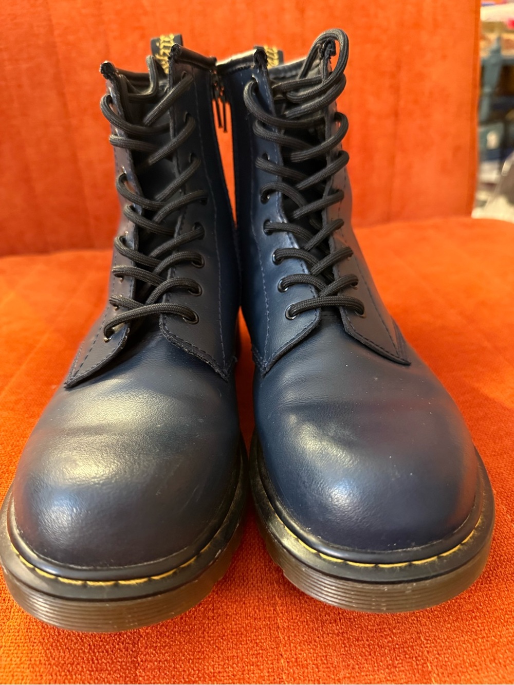 Dr. Martens Navy Lace-Up Leather Combat Boots with side zipper - women’s size 6